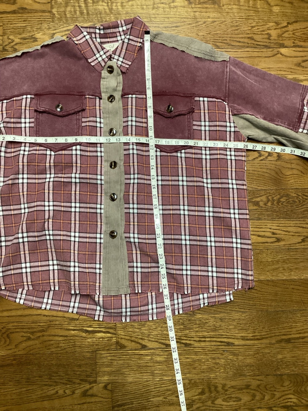 Easel Cotton corduroy mineral washed mixed burgundy tan plaid shacket size Larg - Picture 7 of 9